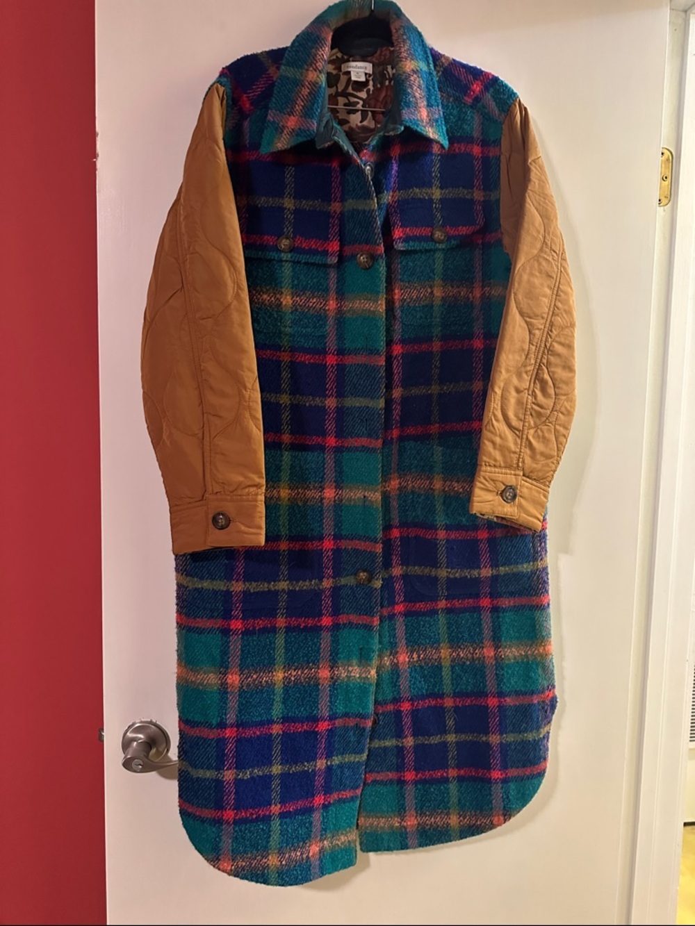 Sundance Teal & Navy Plaid Coat with Tan Quilted Sleeves